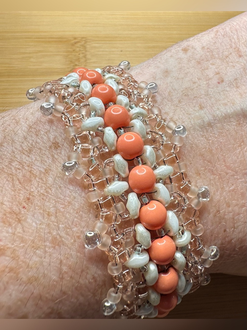 Handcrafted Coral Beaded Bracelet with Crystal Accents and magnetic clasp SZ 1/2